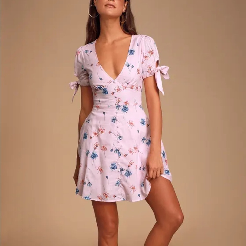 LULU'S Lilly Light Pink Floral Tie Sleeve Dress NWT S LG - Picture 11 of 15